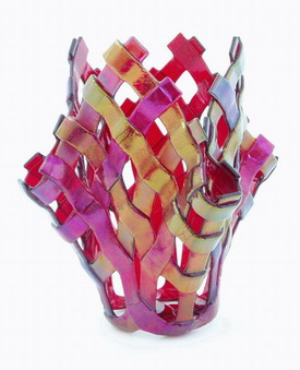 Red Fused Glass Basket Weave Vase